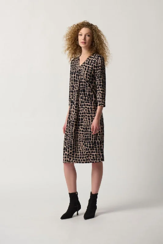 Exclusive Online Offer Joseph Ribkoff Black/Latte Animal Print 3/4 Sleeve Shift Dress 233073