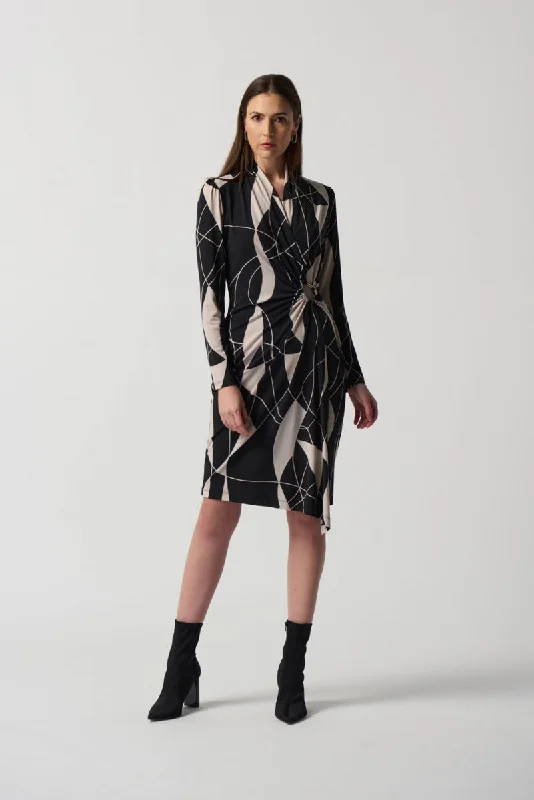 Last Chance Joseph Ribkoff Black/Moonstone Geometric Print Faux Wrap Sheath Dress 233104