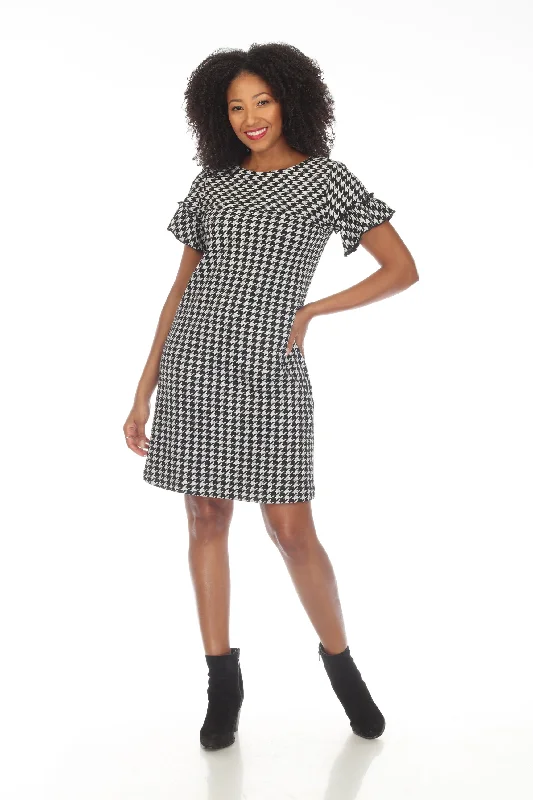 Super Sale Joseph Ribkoff Black/Off-White Houndstooth Ruffled Sleeve Shift Dress 234099
