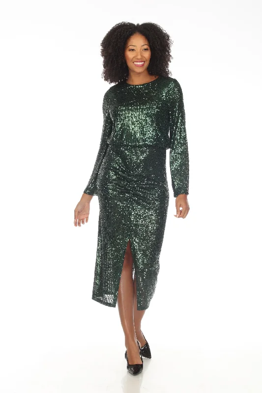 Blowout Sale Joseph Ribkoff Dark Green Sequined Blouson Gathered Detail Midi Dress 234714 Blowout Sale Joseph Ribkoff Dark Green Sequined Blouson Gathered Detail Midi Dress 234714