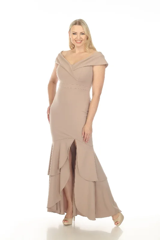 Best Bargains Joseph Ribkoff Latte Off-Shoulder Tiered Hem Evening Dress 233772