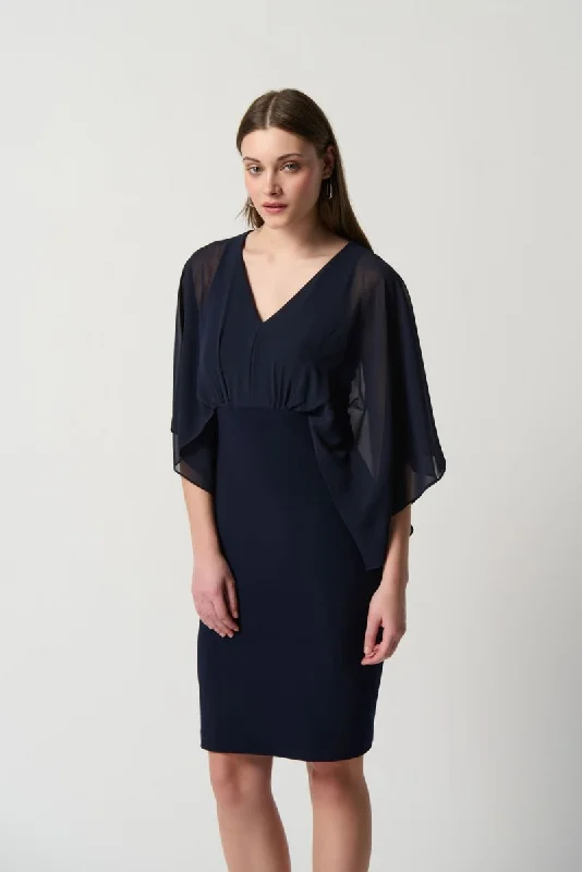 Limited Edition Joseph Ribkoff Midnight Blue Draped Chiffon Sleeve Sheath Dress 234009