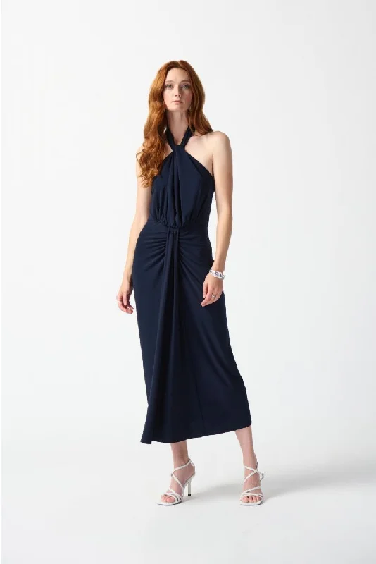 Joseph Ribkoff Midnight Blue Halter Neck Backless Blouson Maxi Dress 242071