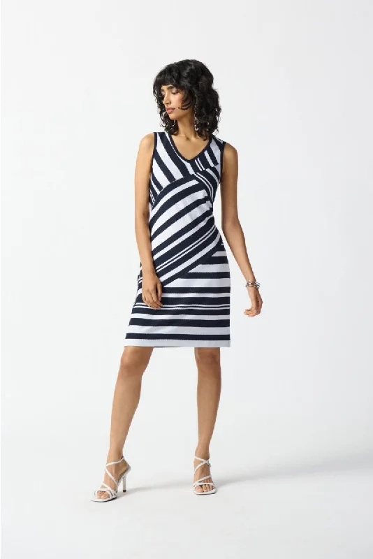 Joseph Ribkoff Midnight Blue/Off-White Striped V-Neck Sleeveless Sheath Dress 242077