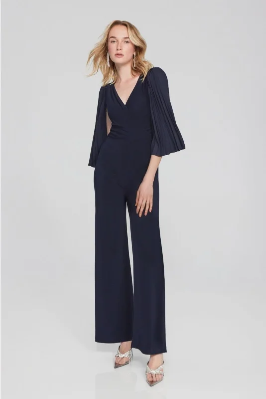 Joseph Ribkoff Midnight Blue Surplice Neck Pleated Sleeve Wide Leg Jumpsuit 241782