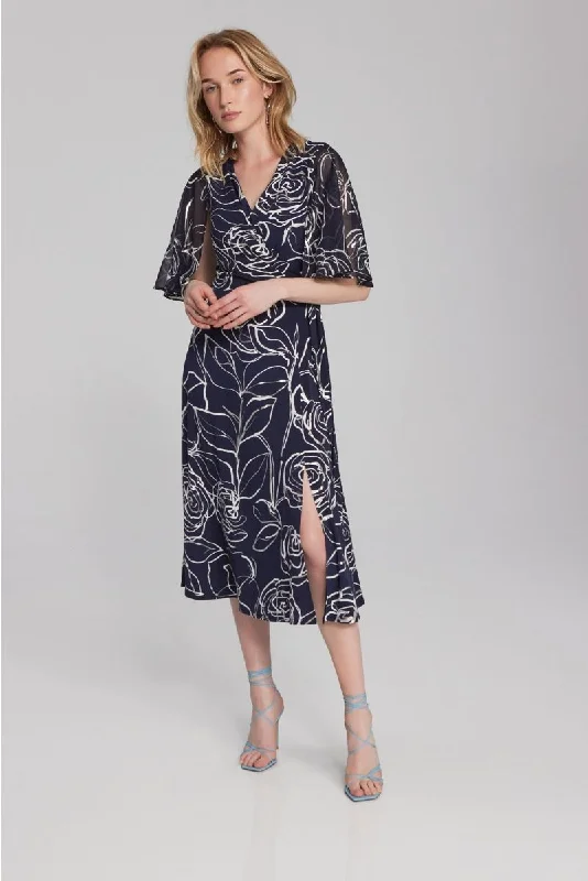 Joseph Ribkoff Midnight Blue/Vanilla Floral Print Midi Fit & Flare Dress 241764