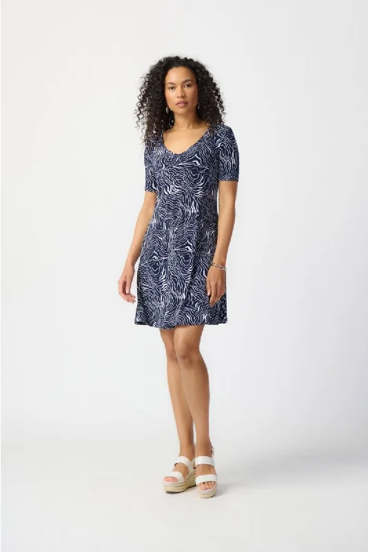 Joseph Ribkoff Midnight Blue/Vanilla Wavy Print V-Neck Short A-Line Dress 241293