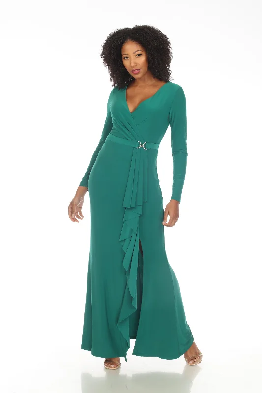 Factory Direct Sale Joseph Ribkoff True Emerald Green Faux Wrap Frilled Long Dress 233788