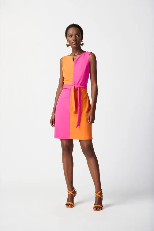 Joseph Ribkoff Ultra Pink/Mandarin Color Block Belted Sleeveless Sheath Dress 241193