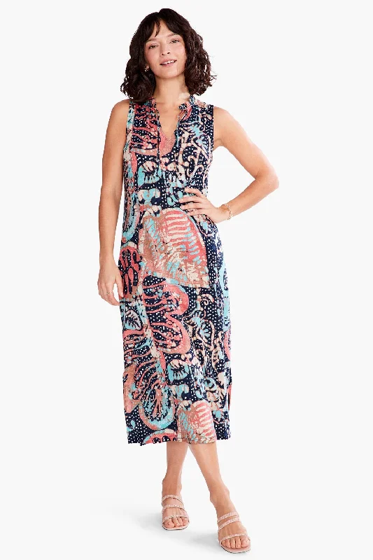 NIC+ZOE Indigo/Multi Batik Stamp Sleeveless Midi Tank Dress S231251