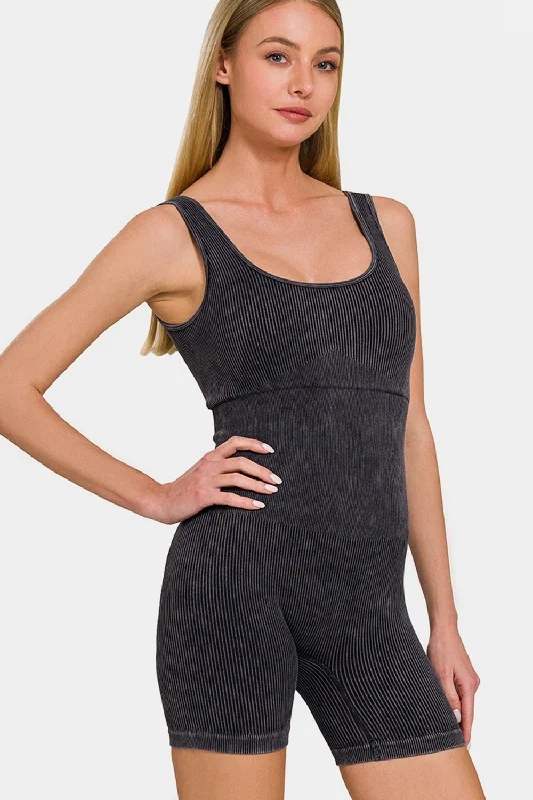 Overstock Sale Active Duty Washed Ribbed Romper - Black