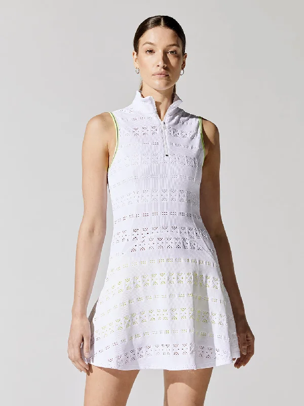 Quick Sale Zip Front Dress - White Pointelle Lace With Yellow Trim
