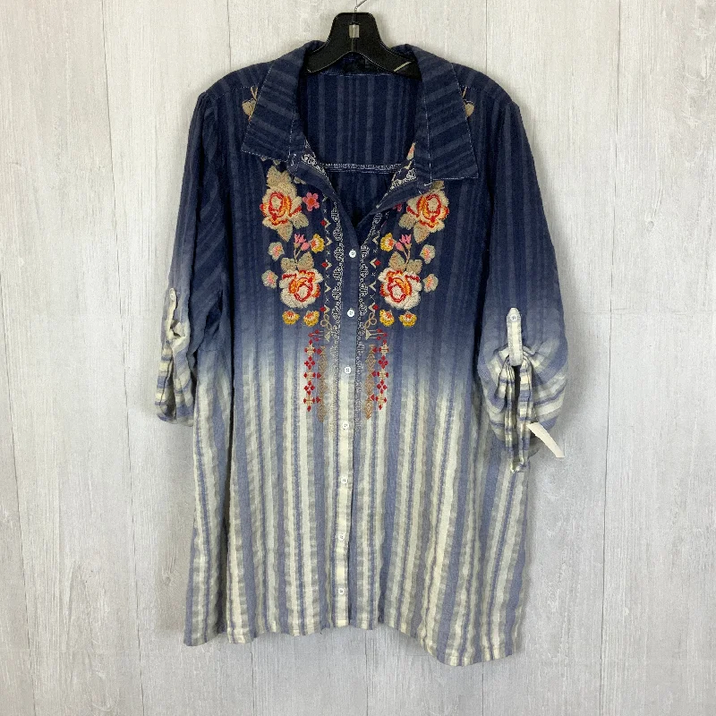 Quick Sale Navy Cream Blouse 3/4 Sleeve Andree By Unit, Size 2x