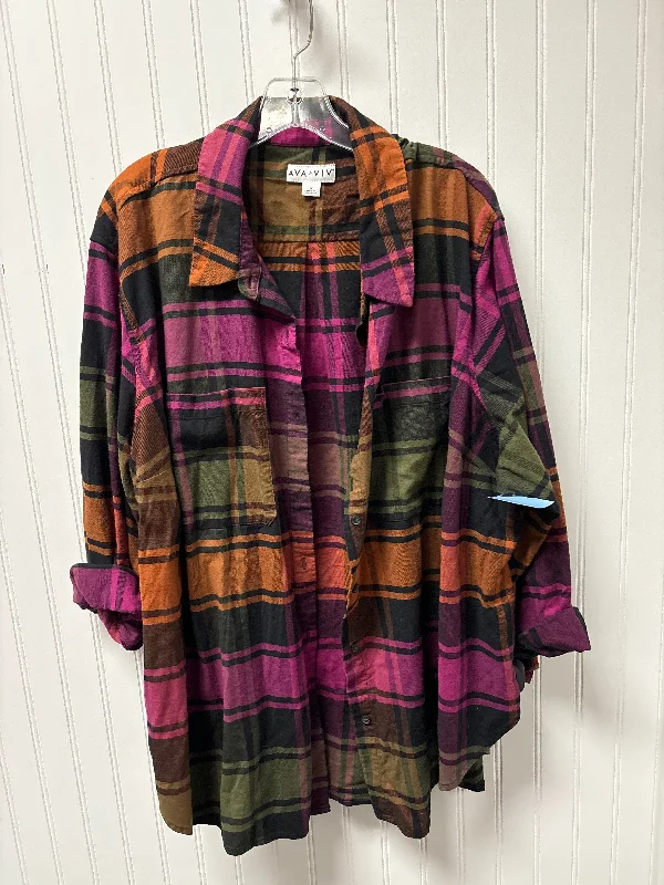 Price Cut Top Long Sleeve By Ava & Viv In Plaid Pattern, Size: 2x