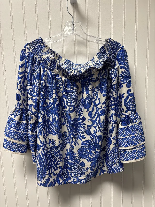 Don't Miss Top Long Sleeve Designer By Lilly Pulitzer In Blue & White, Size: M