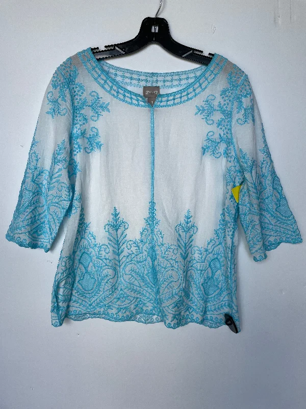 Bargain Bin Top Short Sleeve By Chicos In Blue & White, Size: S