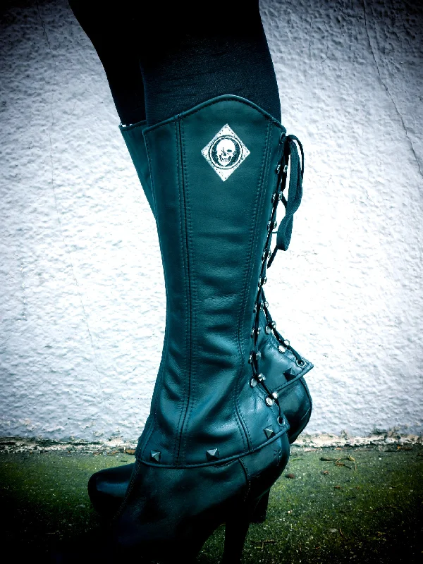 Black Leather Gaiters with Black Pyramid Studs and Back Lacing