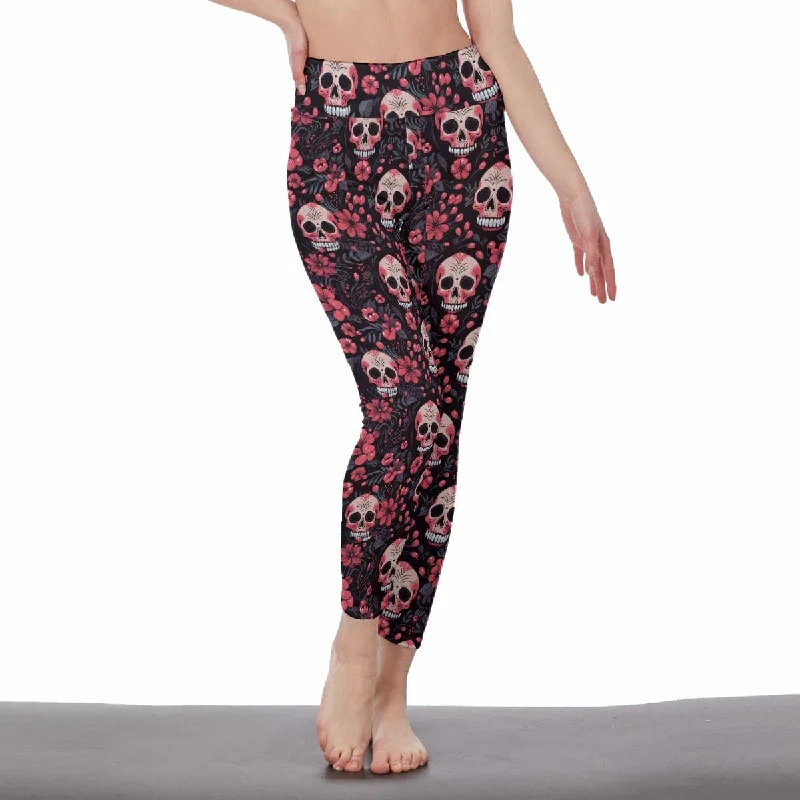 Friends and Family Sale Get ready to make a statement in our Women's Pink Floral Skulls High Waist Leggings!