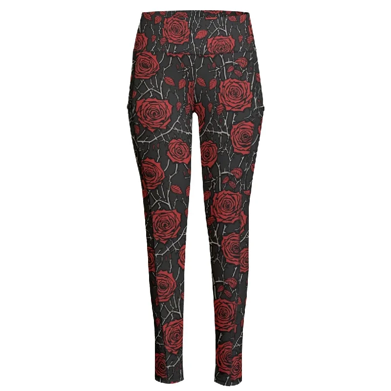 Anniversary Sale Gothic Red Roses Functional Women's Yoga Leggings With Side Pockets