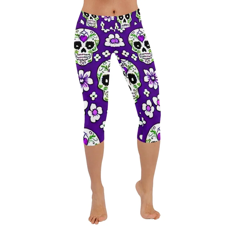 Bargain Prices Look Creative & Chic In The Skull Floral Purple Women's Low Rise Capri Leggings Bargain Prices Look Creative & Chic In The Skull Floral Purple Women's Low Rise Capri Leggings