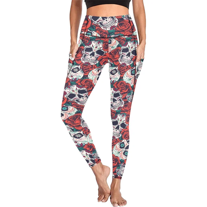 Act Fast Make Your Workouts Bolder With Sugar Skulls Red Roses Women's Leggings With Pockets