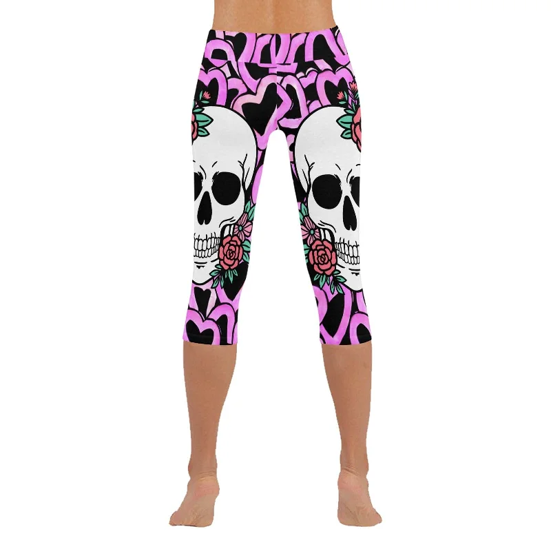 Price Break Our Skulls Floral Pink Hearts Women's Low Rise Capri Leggings Are Perfect For Any Occasion