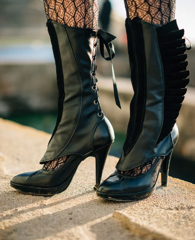 Black Leather Spats with Pleated Suede Wings