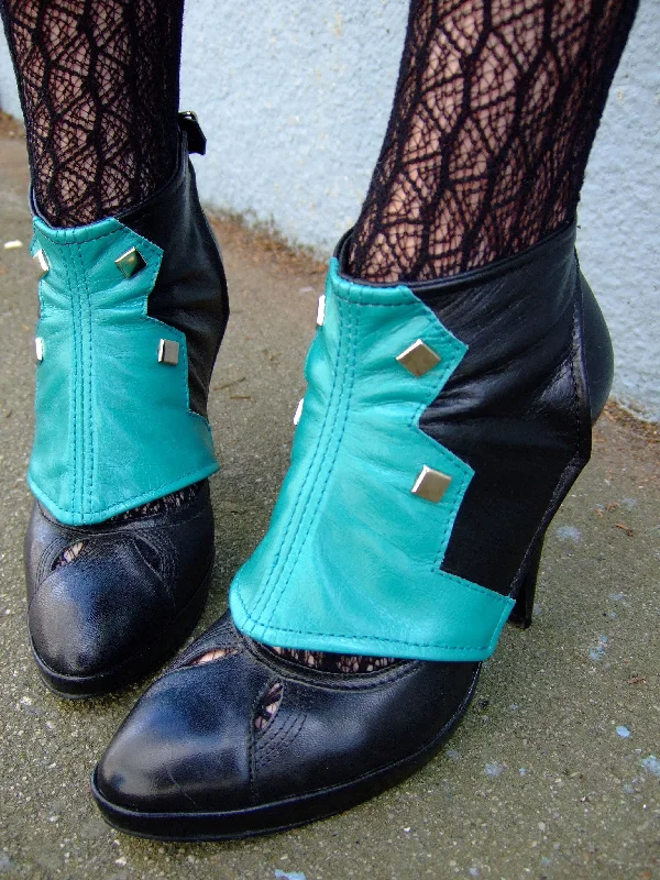 Turquoise and Black Leather Spats with Studs | Theia