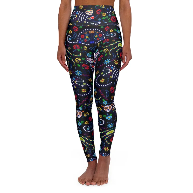 Seasonal Clearance Sugar Skull Cat Floral High Waisted Yoga Leggings