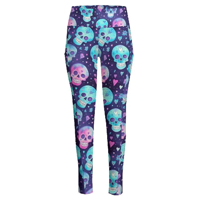 Bargain Blast Women's Blue Skulls Hearts High Waist Leggings With Side Pocket