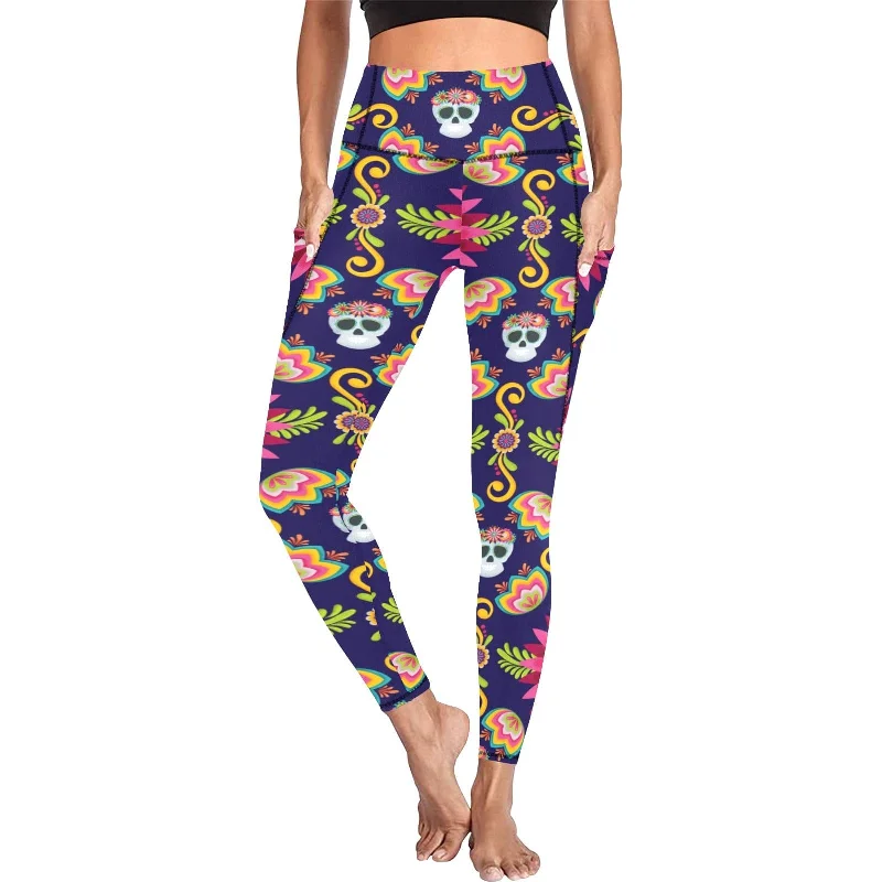 Quick Sale Women's Colorful Floral Skull Pattern Leggings With Pockets