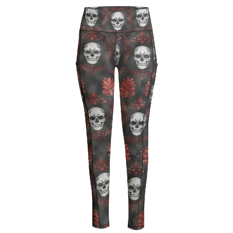 Weekend Flash Sale Women's White Skulls Red Floral Yoga Leggings With Side Pockets